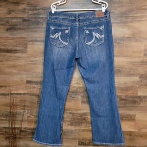 Maurices Jeans Curvy Flare 16 R Mid Rise Medium Light Wash Ripped Stretch Denim